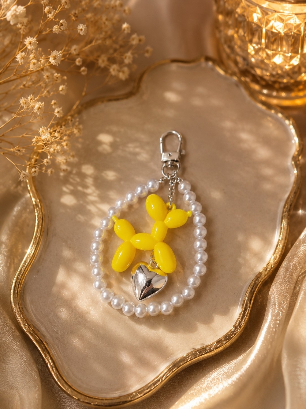 Yellow Balloon Dog Pearl Keychain with Silver Heart Charm